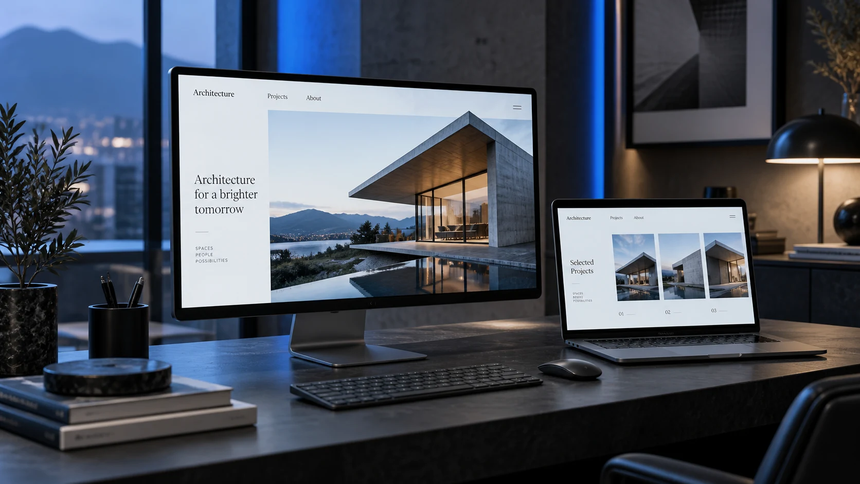 建築企業を題材にしたWebサイトを表示するデスクトップとノートPC